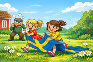 Två småflickor leker med en svensk flagga och en arg farfar tittar på